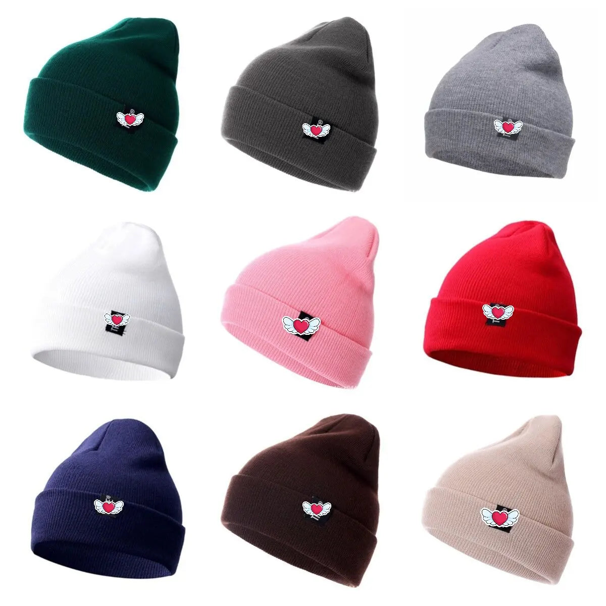 Winter Knit Beanie with Heart Wing Embroidery – Warm Cuffed Hat