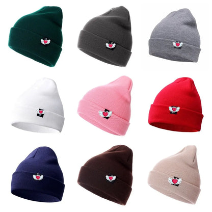 Winter Knit Beanie with Heart Wing Embroidery – Warm Cuffed Hat