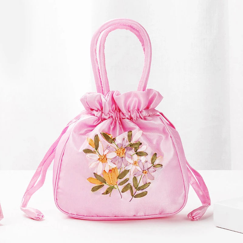 Women's Embroidered Bucket Bag – Floral Top Handle Purse