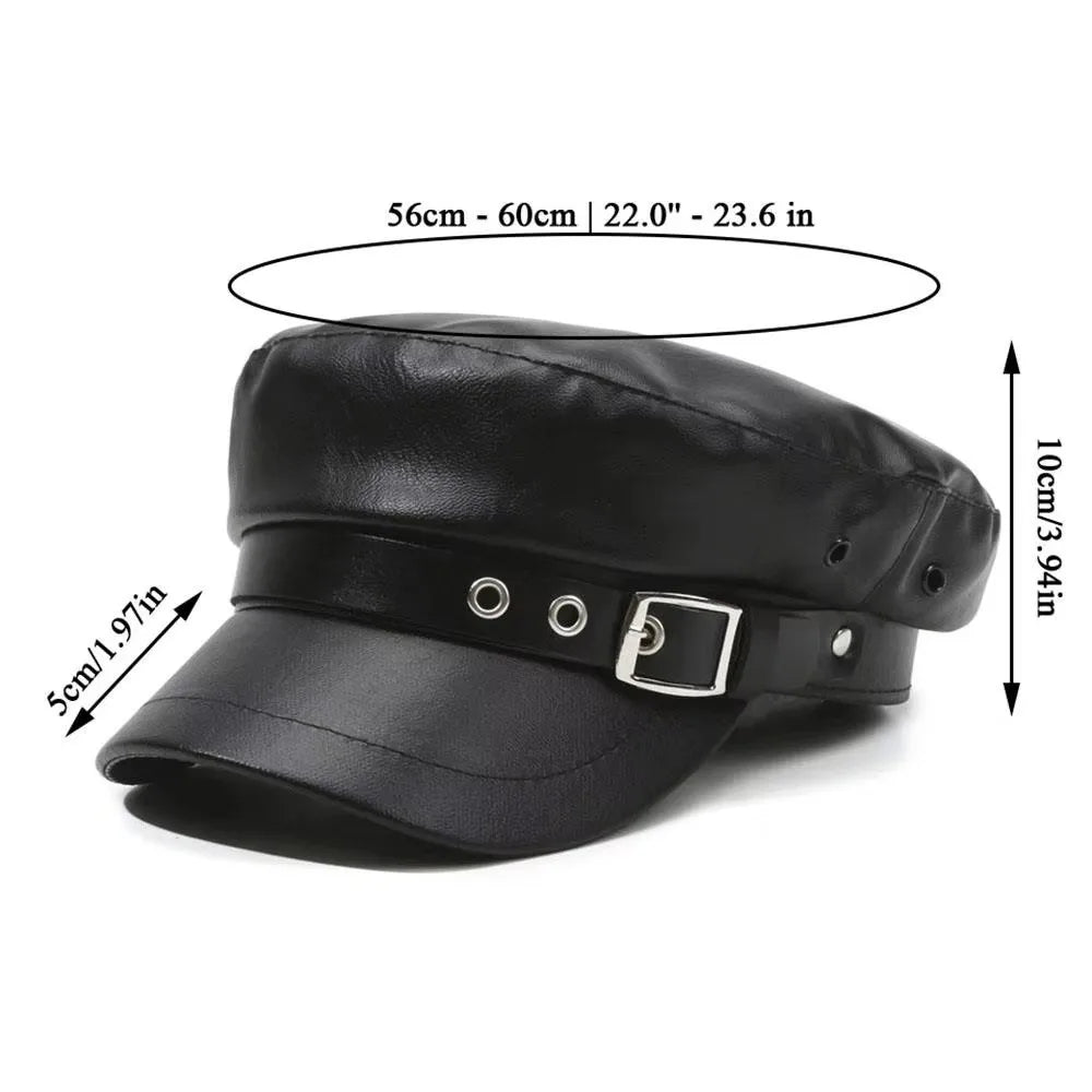 PU Leather Military Cap Women Flat Top Beret with Chain Detail