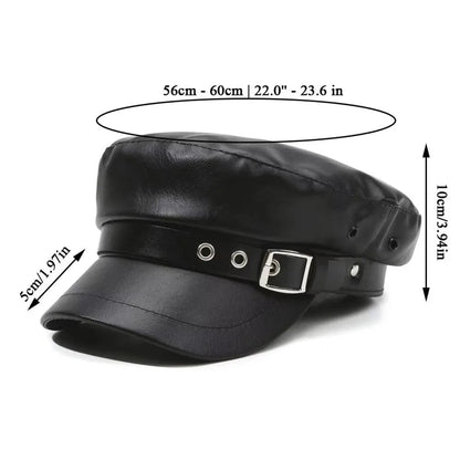PU Leather Military Cap – Flat Top Sailor Beret with Chain Detail