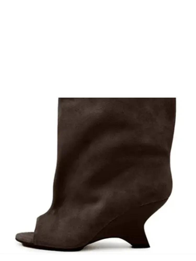 Women's Peep Toe Knee-High Boots with Slant Wedge Heel