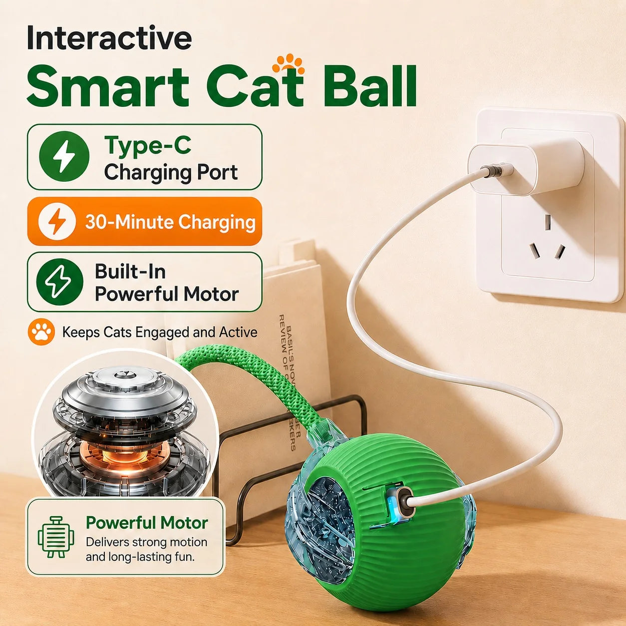 Cat Interactive Ball Toy – Auto-Rolling Rechargeable Smart Ball with Tail