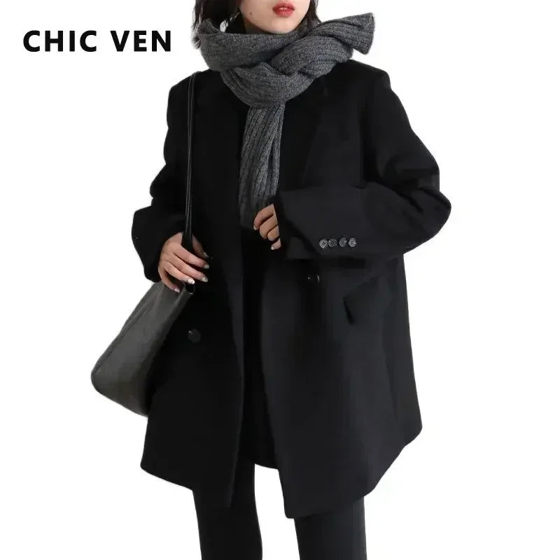 Women's Wool Blend Mid-Length Coat – Office Blazer Overcoat