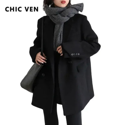 Women's Wool Blend Mid-Length Coat – Office Blazer Overcoat