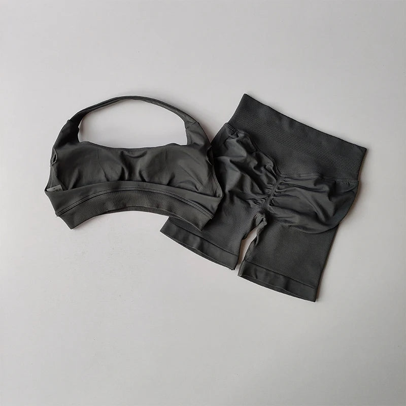Women's Halter Neck Sports Bra & Scrunch Butt Shorts Set – 2-Piece Activewear