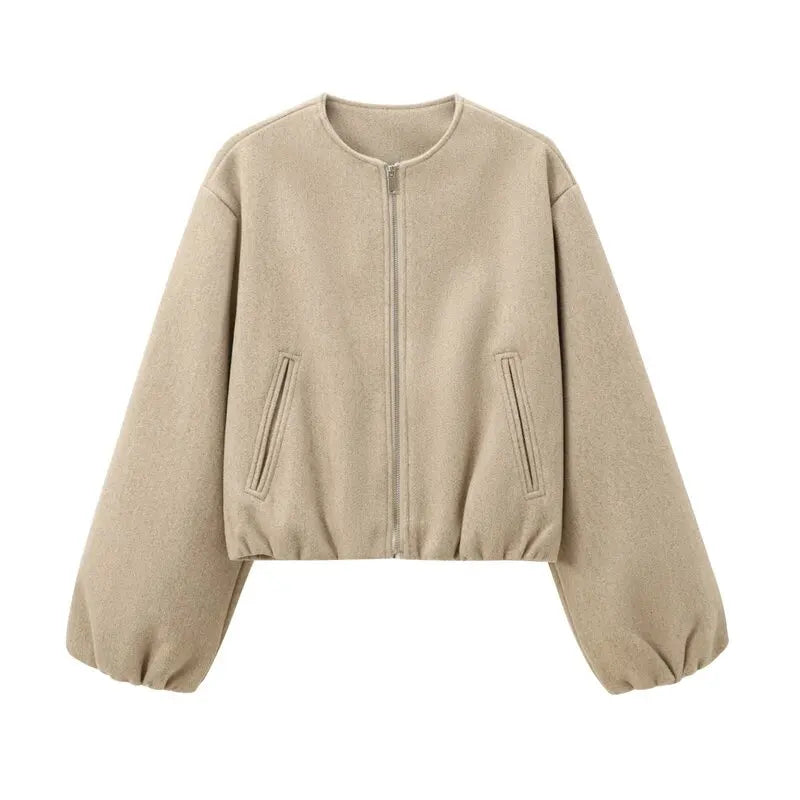 Women's Loose Cropped Bomber Jacket – Zip-Up Long Sleeve Coat