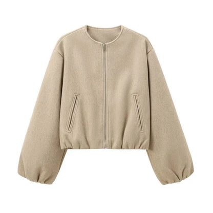 Women's Loose Cropped Bomber Jacket – Zip-Up Long Sleeve Coat
