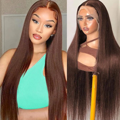 Chocolate Brown Bone Straight Human Hair Wig – 13x6 HD Lace, 180%/200% Density