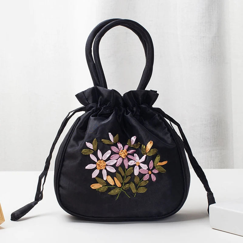Women's Embroidered Bucket Bag – Floral Top Handle Purse