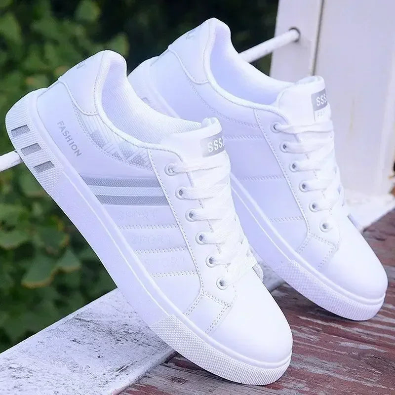 Men's White Casual Sneakers – Lightweight PU Leather Lace-Up Shoes