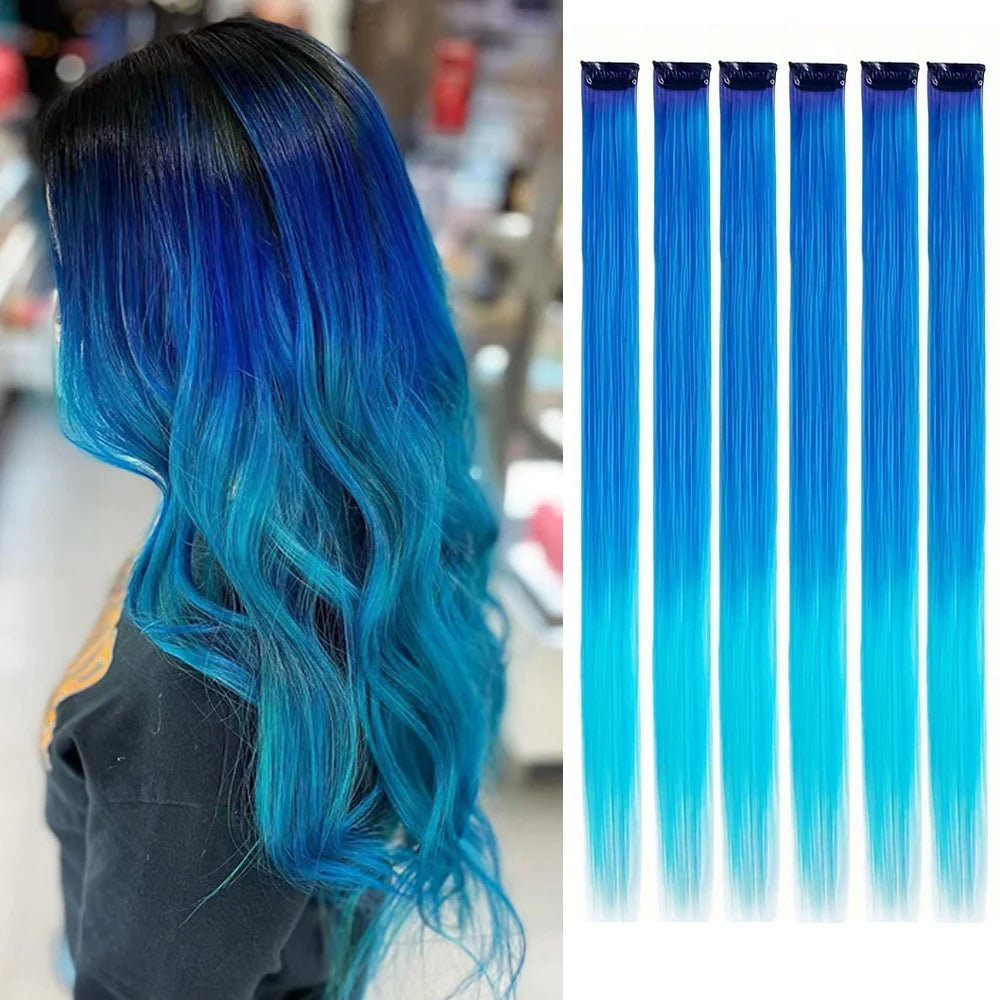 Clip Hair Extensions 6pcs Pack Colored Party Highlights 22 Inches Multi-Colors Straight Hair