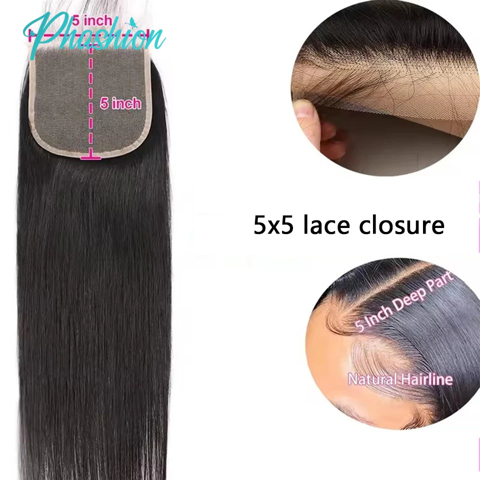 Phashion 24 26 Inch 5x5 4x4 Straight Lace Closure Only Pre Plucked Long Full Swiss Transparent 100