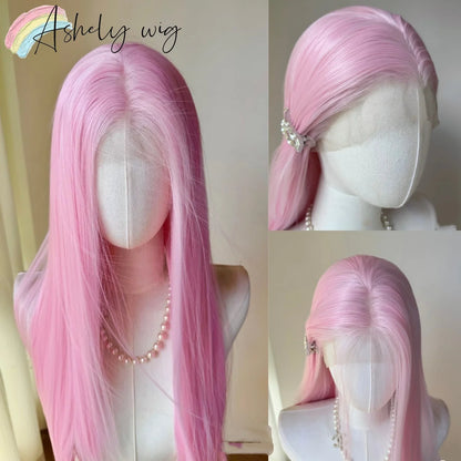 Light Pink Wig Women 13x4 Lace Front 26inch Long Straight Synthetic Wigs Soft Natural Heat-Resistant