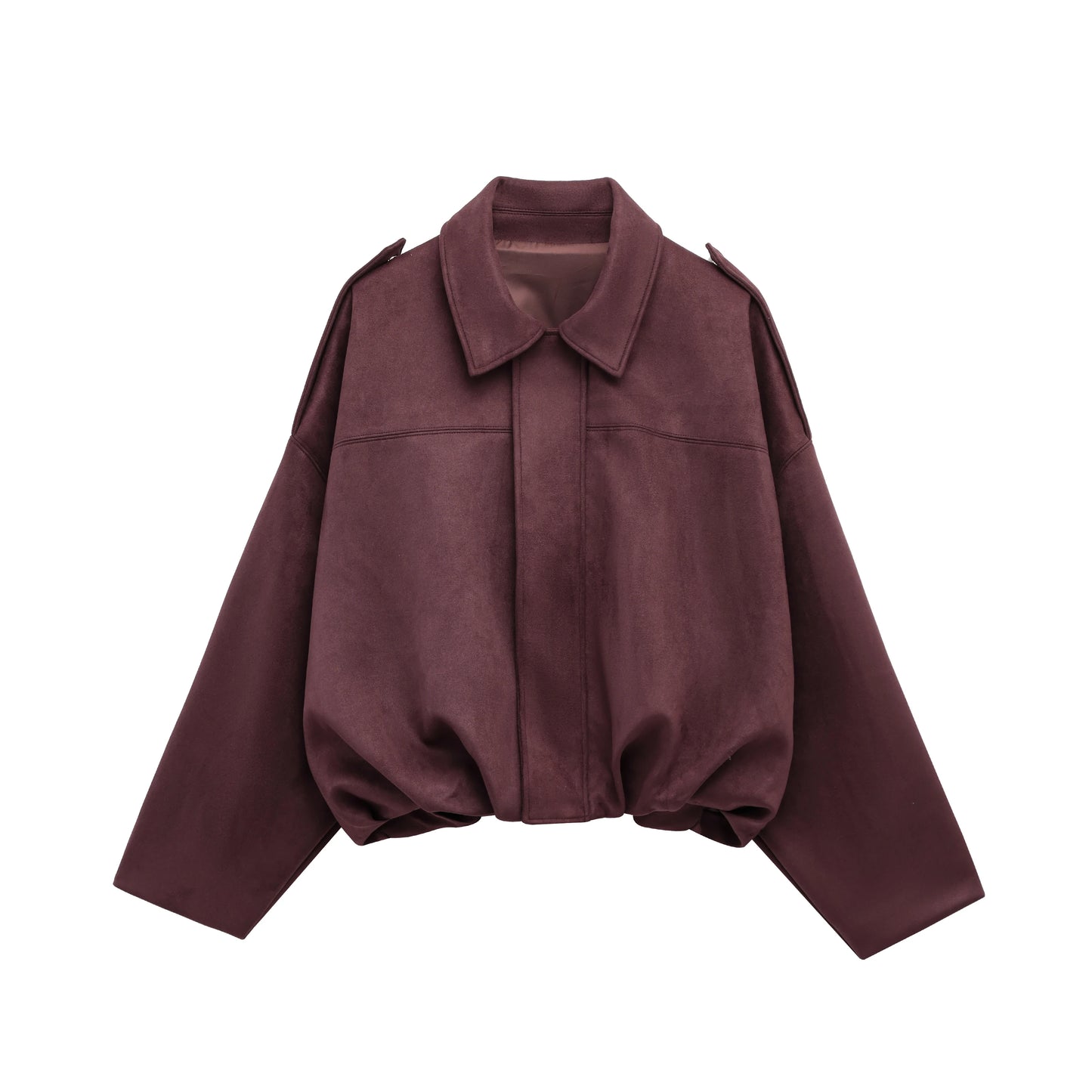 Women's Suede Bomber Jacket – Vintage Loose Zip-Up Coat with Lapel Collar