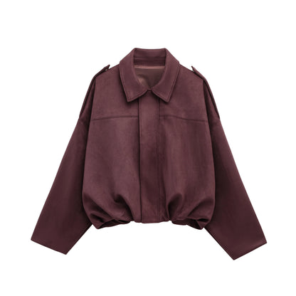 Women's Suede Bomber Jacket – Vintage Loose Zip-Up Coat with Lapel Collar
