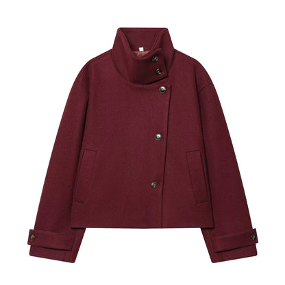 Women's Stand Collar Button Wool Blend Short Coat – Loose Casual Winter Jacket