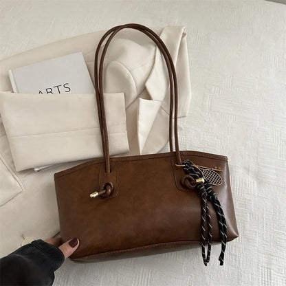 Large Capacity Tote Bag – Retro Leather Shoulder Handbag with Charm Pendant