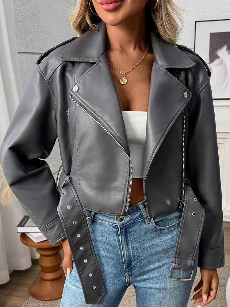 Women's Faux Leather Moto Jacket with Belt – Short Biker Style