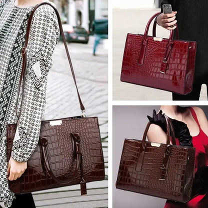 Crocodile Pattern Leather Tote Bag for Women – Large Capacity