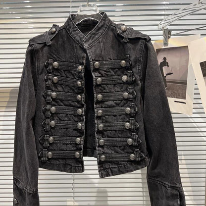 Women's Punk Military Denim Jacket – Vintage Washed Stand Collar Moto Coat
