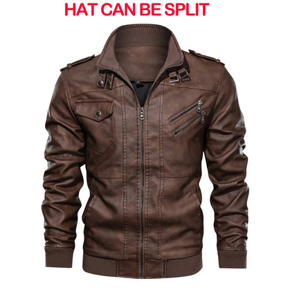 Men's PU Leather Motorcycle Jacket with Removable Hood