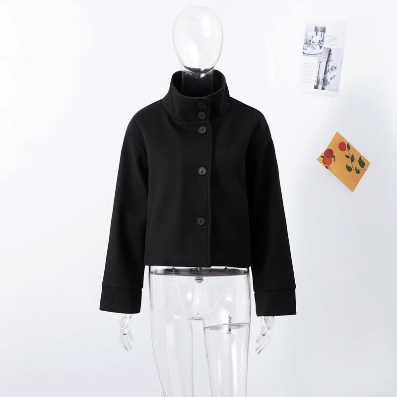 Women's Short Woolen Coat – Stand Collar Zip Jacket
