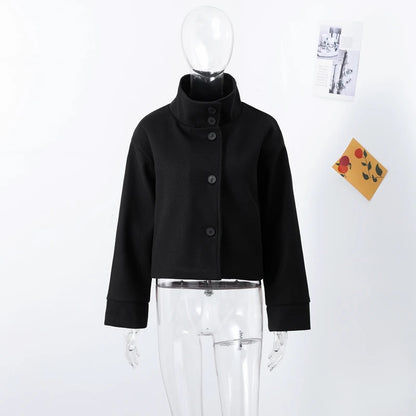 Women's Short Woolen Coat – Stand Collar Zip Jacket