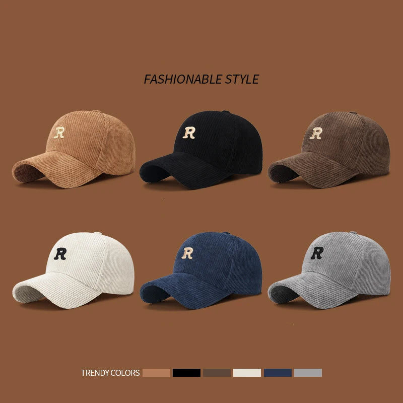 Corduroy Baseball Cap – 3D Embroidered R Letter Structured Hat