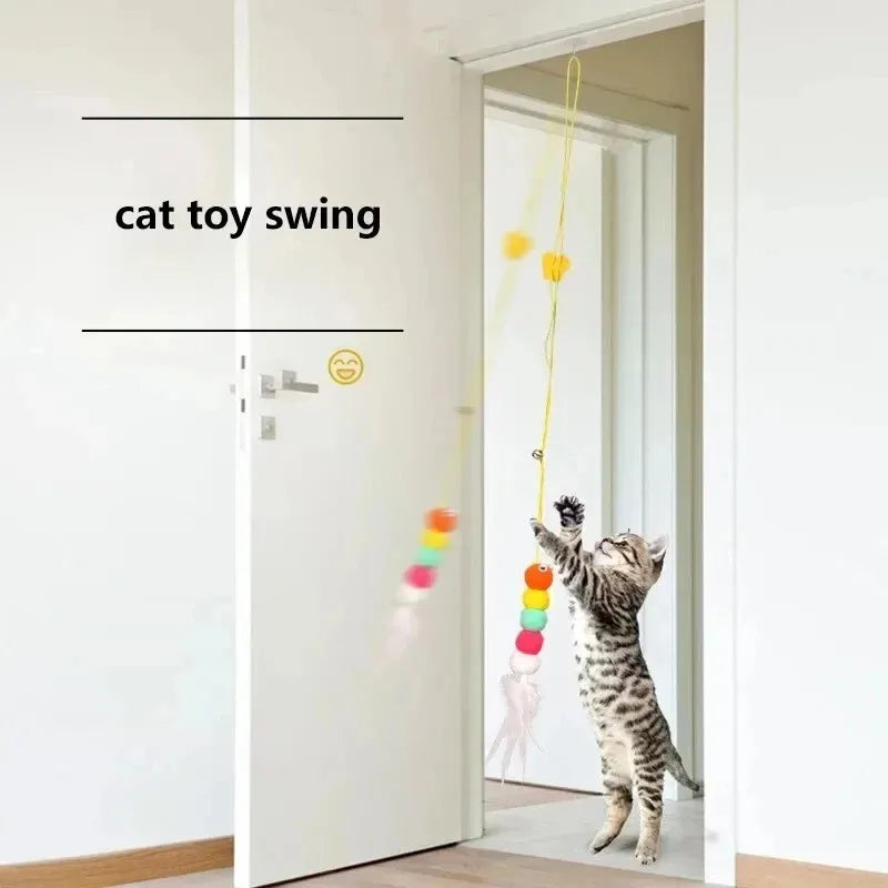 Feather Caterpillar Cat Toy – Retractable Rope with Colorful Pom-Poms
