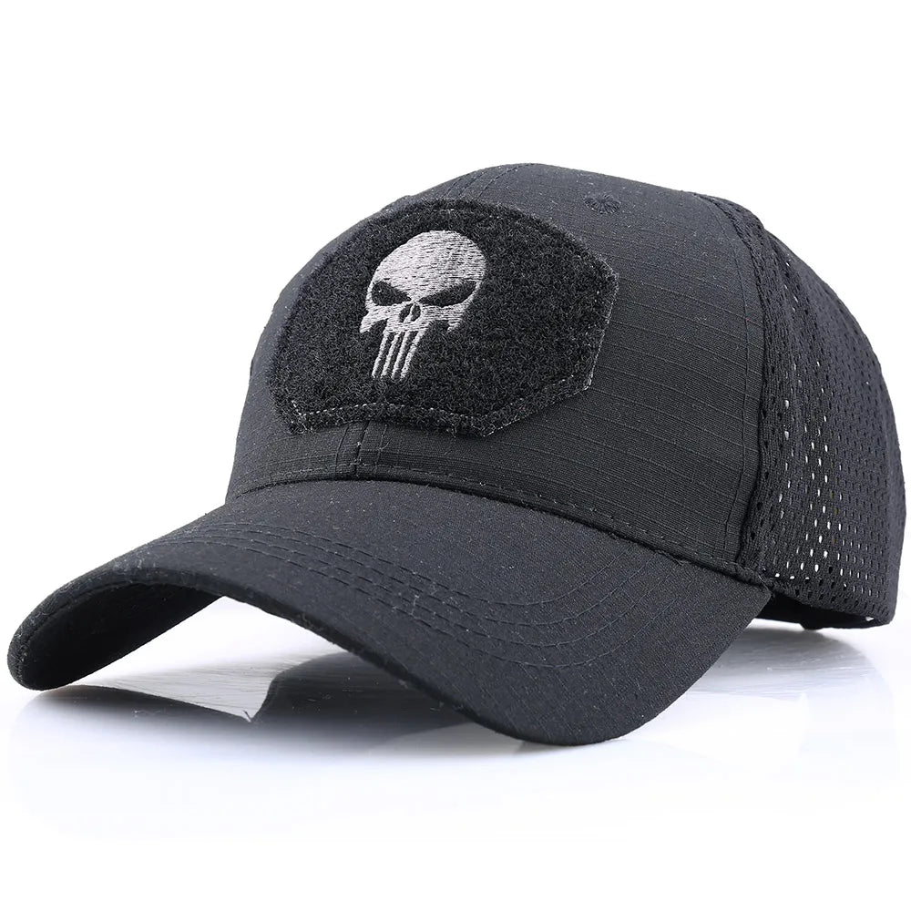 Tactical Skull Patch Baseball Cap – Camo Mesh Snapback Hat