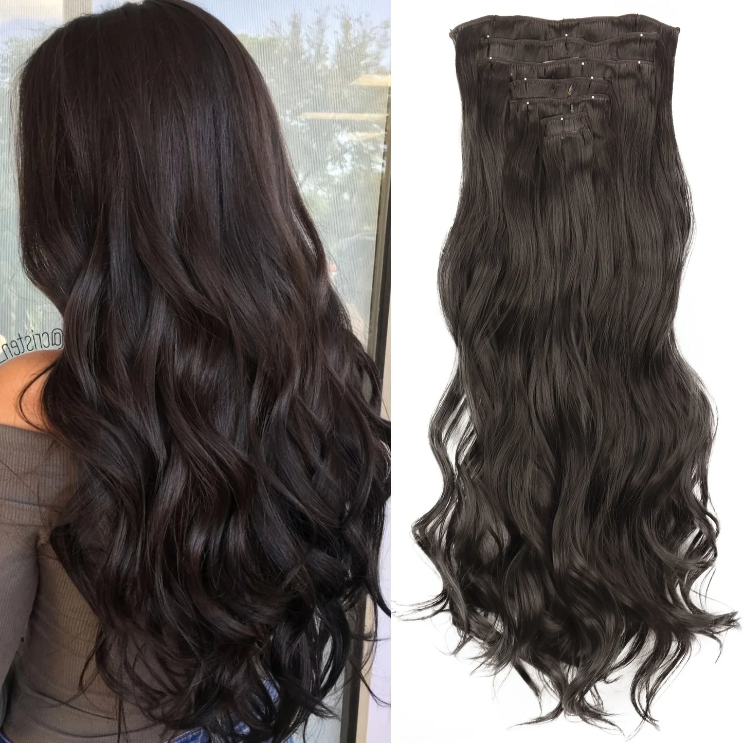 Clip-In Hair Extensions 7pcs 16 Clips Wavy Synthetic 24 Inch