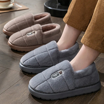 Men S Slippers Winter Solid Color Wrap Heels Plush Non-Slip Warm Women Home Casual Cotton Shoes Big