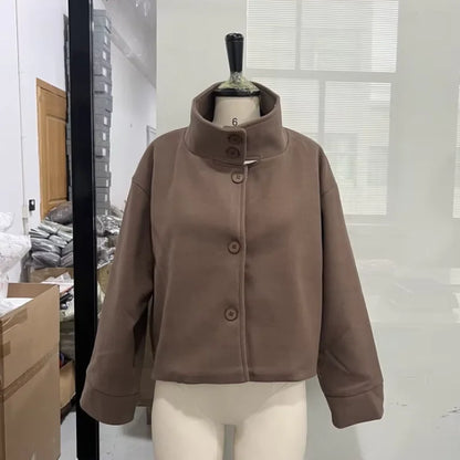 Women's Short Woolen Coat – Stand Collar Zip Jacket