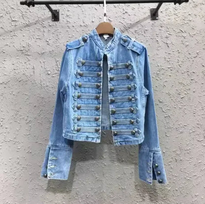 Military Double-Breasted Denim Jacket Women