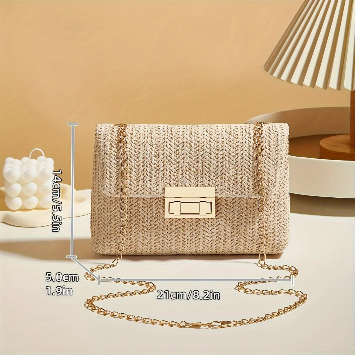 Woven Straw Crossbody Bag with Gold Chain & Lock Closure