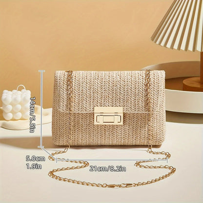 Woven Straw Crossbody Bag with Gold Chain & Lock Closure