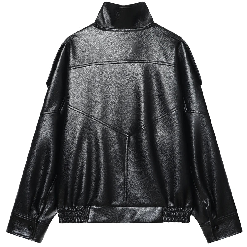 Faux Leather Bomber Jacket Women – Oversized Cropped Zip-Up