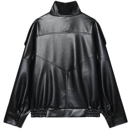 Women's Oversized Faux Leather Bomber Jacket – Cropped Zip-Up Coat