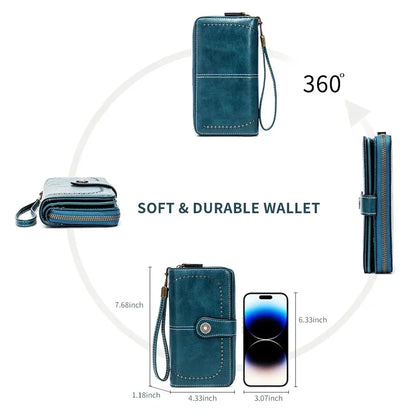 RFID Blocking Leather Long Wallet – Large Capacity Zipper Clutch