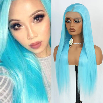 Blue Lace Front Synthetic Wig – Long Straight, 28 Inch, 180% Density