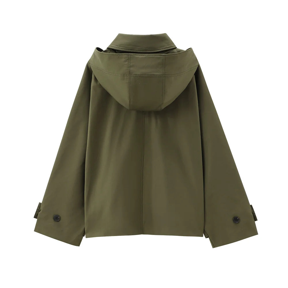 Women's Short Hooded Trench Coat Single-Breasted