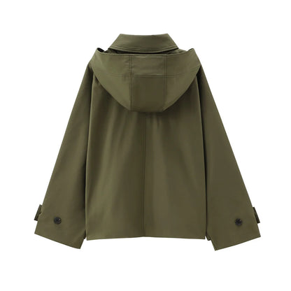 Women's Short Hooded Trench Coat Single-Breasted