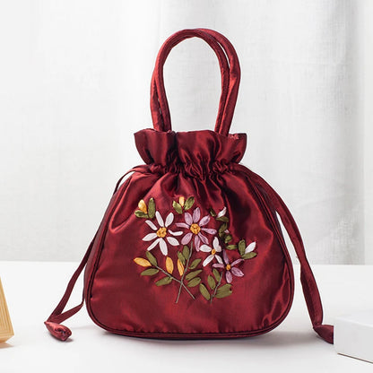 Women's Embroidered Bucket Bag – Floral Top Handle Purse