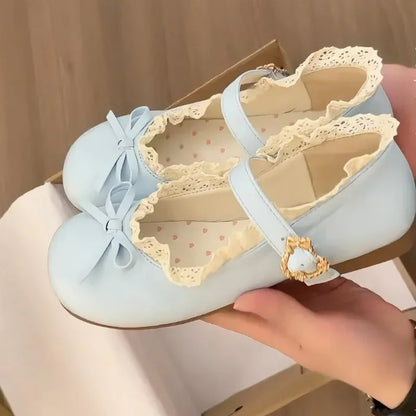Women's Bow Mary Jane Flats | Lace Trim Metal Buckle