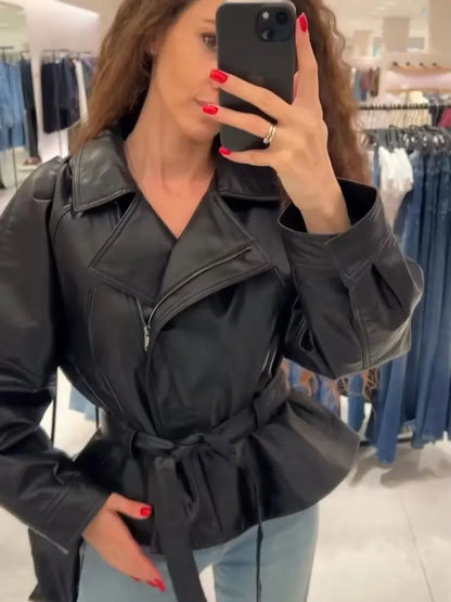 Women's Faux Leather Belted Jacket – Lapel Long Sleeve Coat
