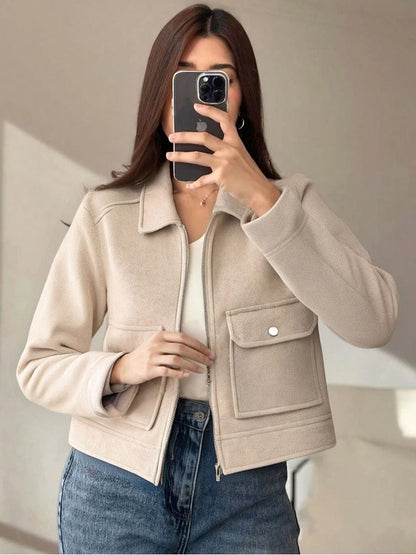 Women's Cropped Zip-Up Jacket – Short Elegant Coat with Pockets