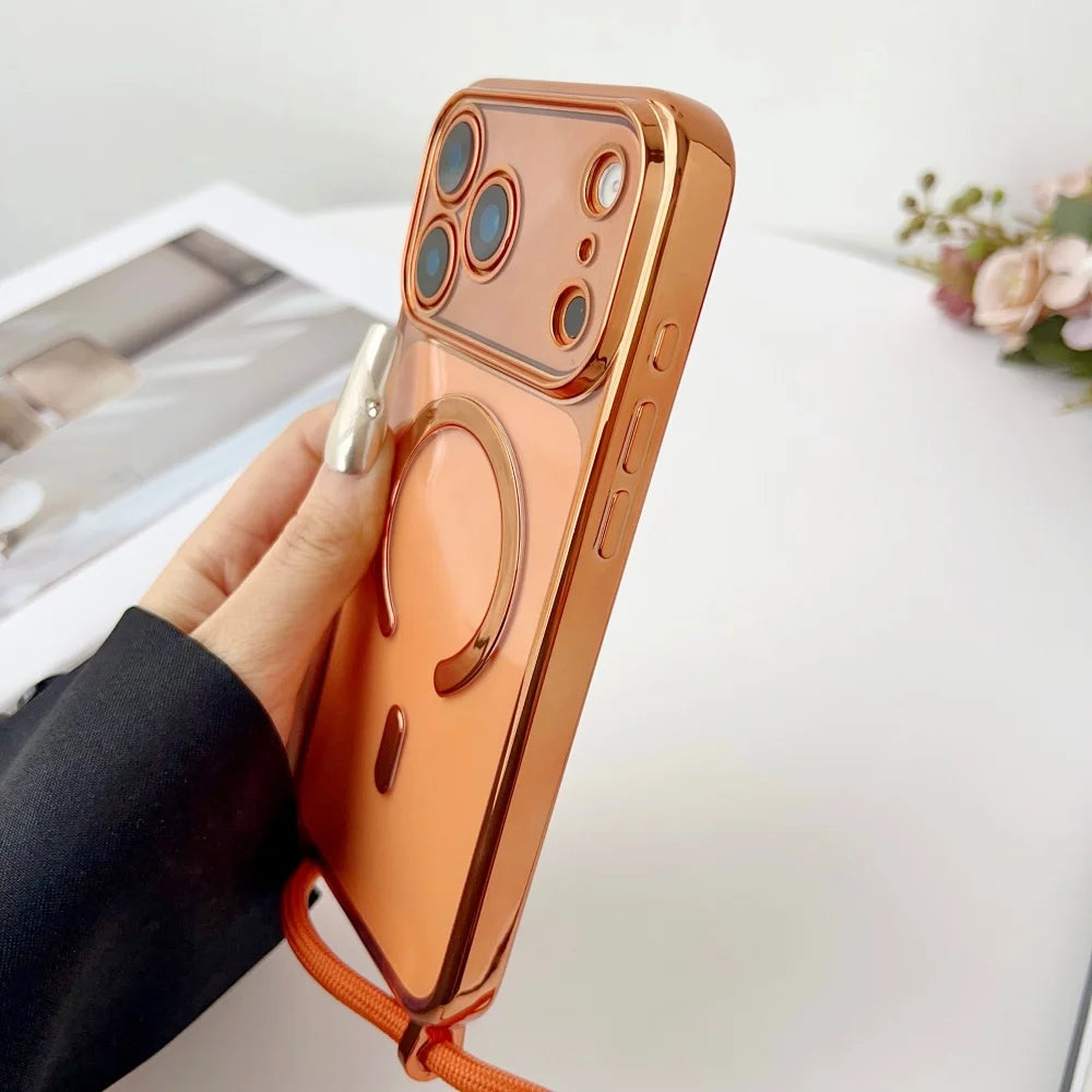 Luxury Necklace Cord Rope Lanyard Plating Magnetic Clear Phone Case Iphone 17 16 14 11 12 13 15 Pro