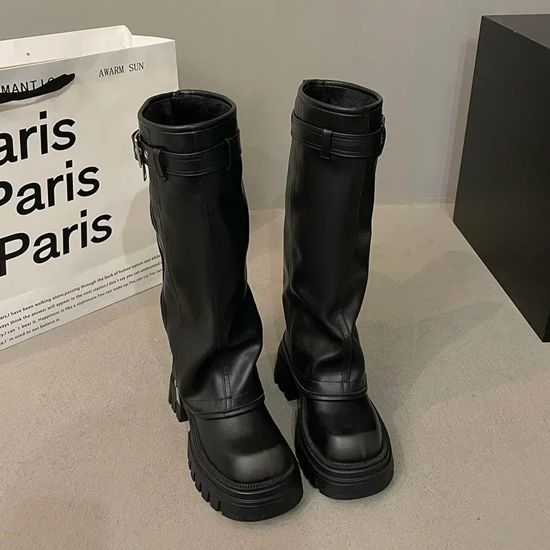 Women's Platform Knee-High Biker Boots with Belt Buckle