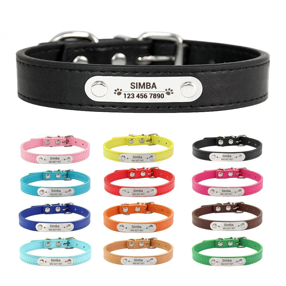Personalized Dog Collar with Engraved ID Nameplate – PU Leather